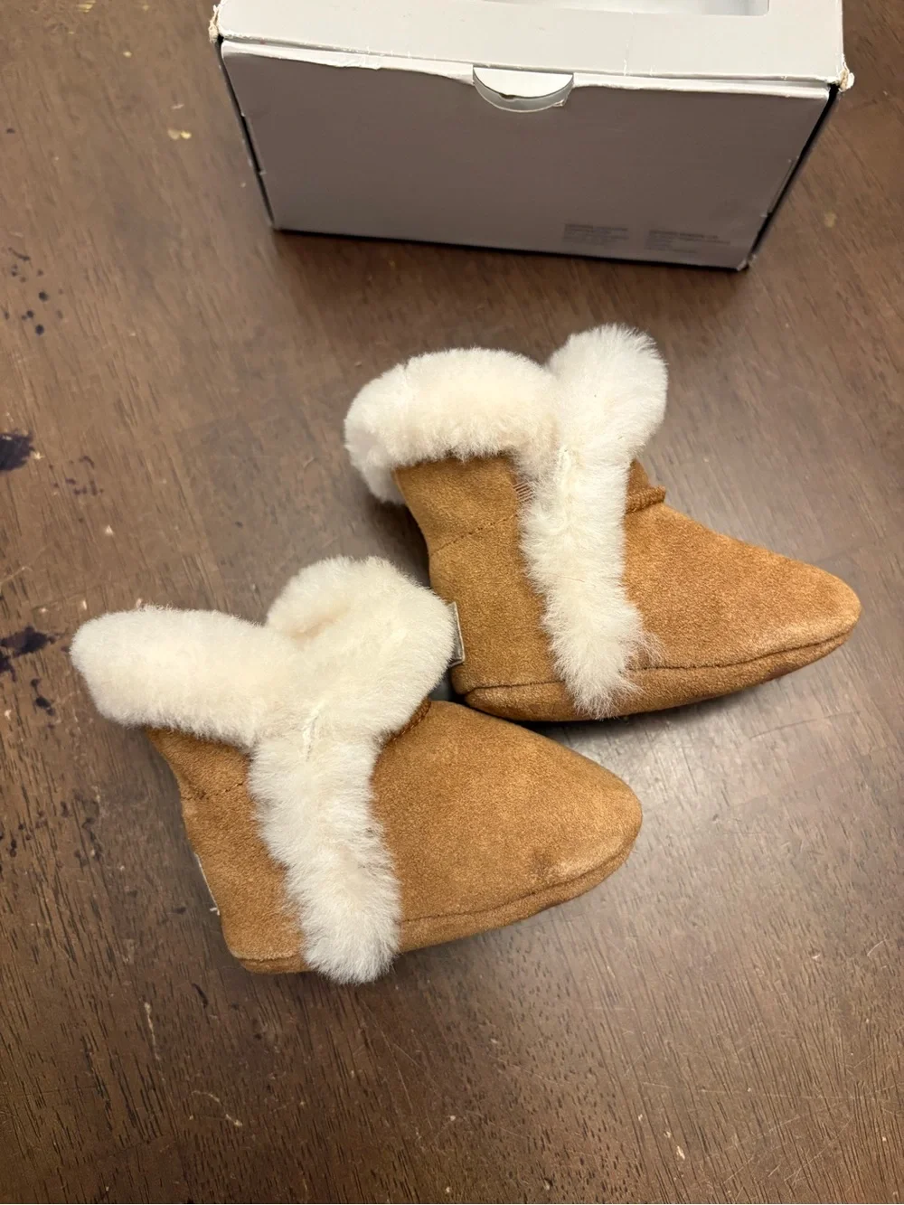 UGG Baby/Toddler Tan Suede Booties with Cream Shearling Trim
